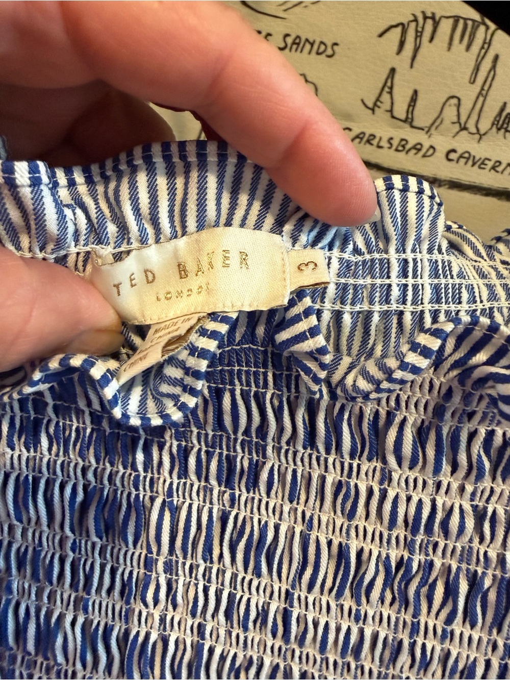 Ted Baker Blue Striped Off-Shoulder Smocked Dress with Crochet Sleeves - Picture 2 of 6